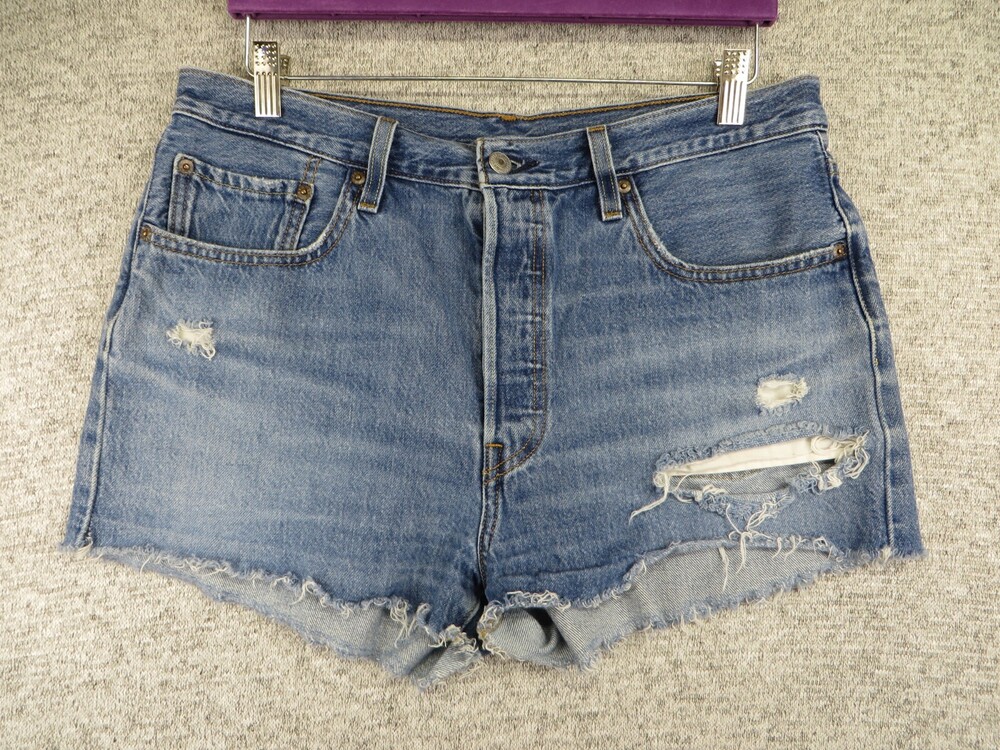 Levis 501 Shorts Womens 31 Blue Cut-Off Distressed Raw Hem Frayed Denim